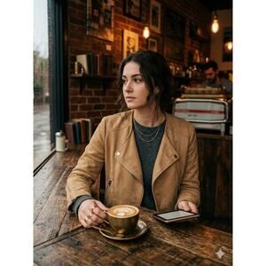 Faux Suede Biker Jacket Womens M Beige Moto Zip Pockets Lined Western, Desert